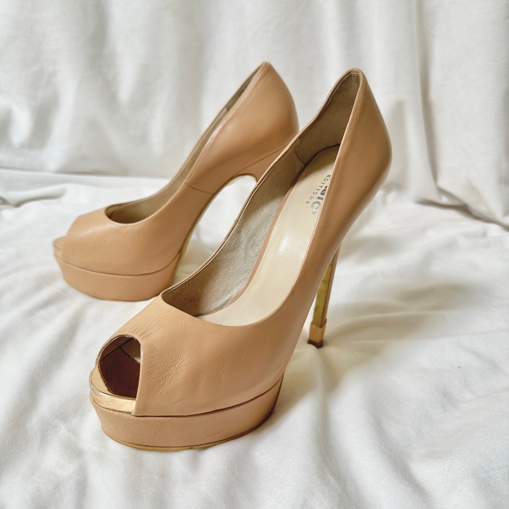Size 6.5 Women's Peep Toe platform High Heels, Leather in Nude Color